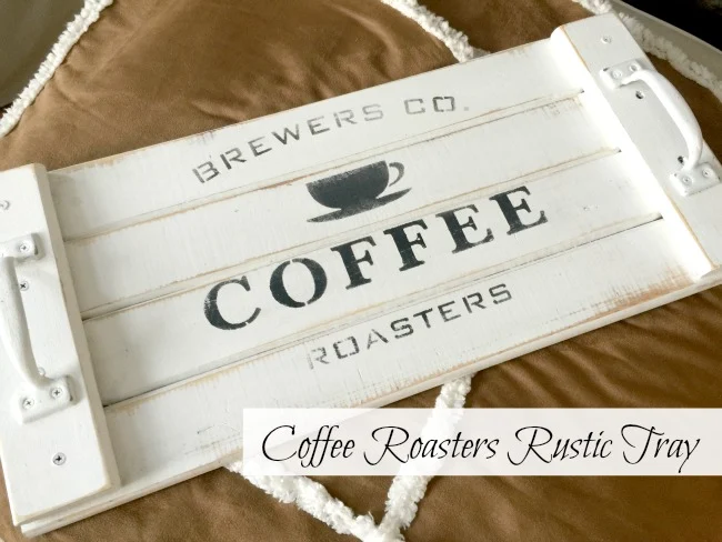 White stenciled tray with coffee roasters stencil