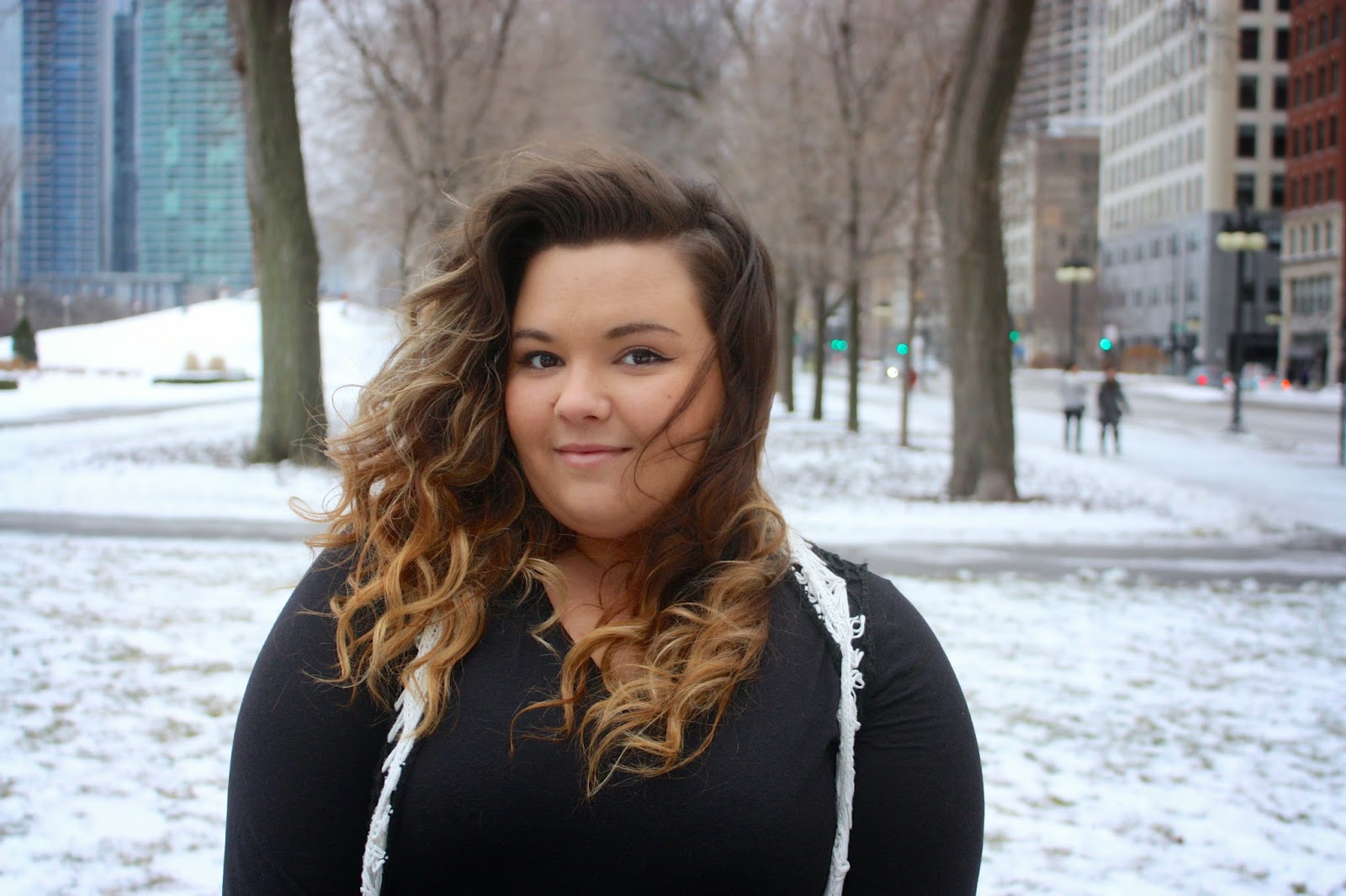 Natalie Craig, Natalie in The City, chicago, ootd, plus size fashion, fashion blogger, crochet vest, winter fashion 2015, mom fashion, curvy women, fatshion, gray jeans, curly ombre hair, thick girls, grant park, ralph lauren, lauren, wide calf boots, how to dress up a long sleeve shirt
