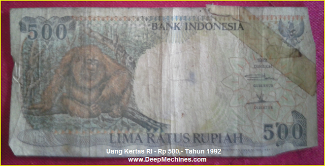 Mata Uang Kertas RI Rp 500,- Keluaran Tahun 1992 (Depan) Gambar Mata Uang Kertas RI Rp 500,- Tahun 1992 bergambar Orang Utan