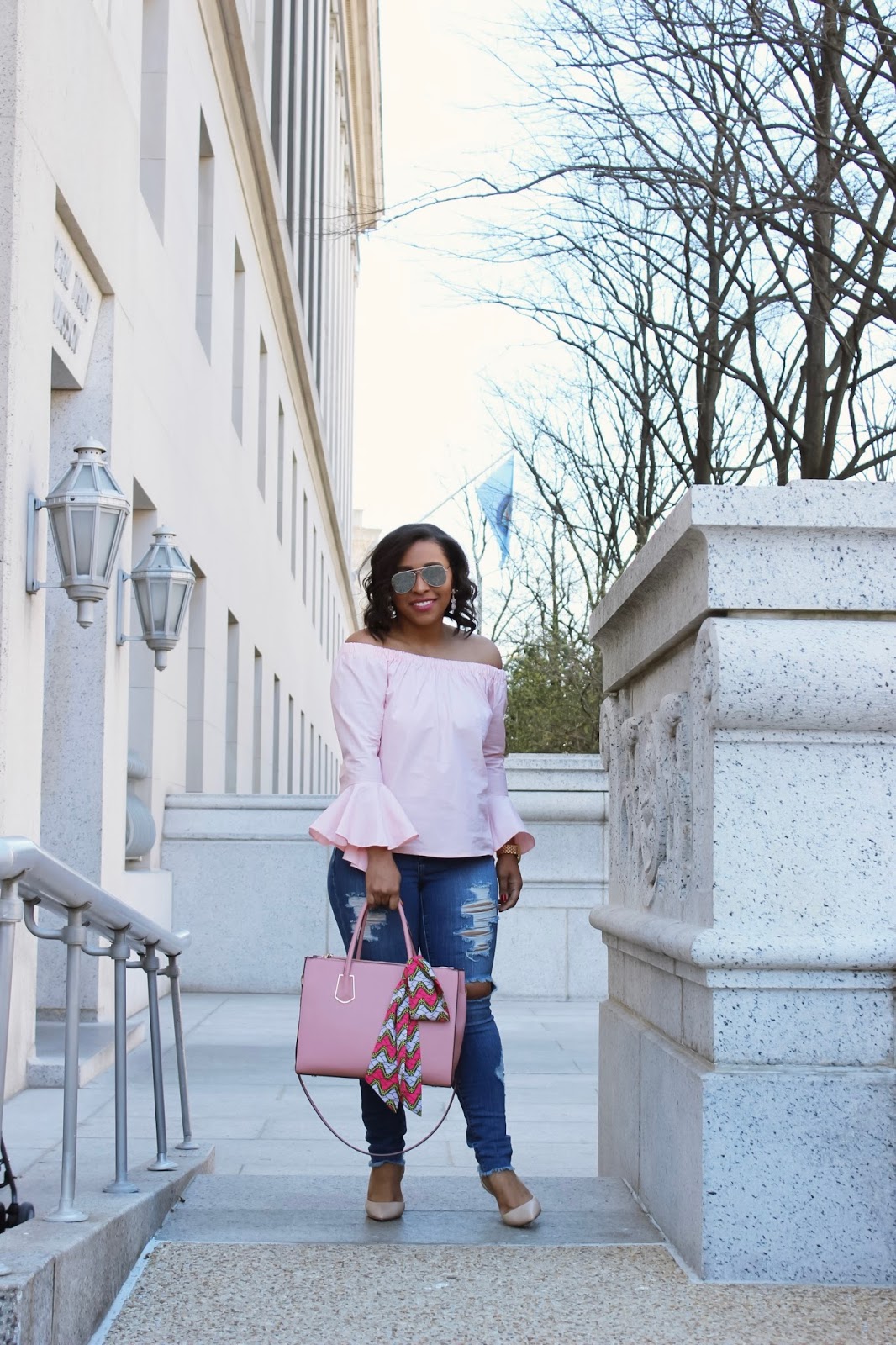 Are Your Sleeves Making A Statement? bell sleeves, off the shoulder top, cold shoulder, pink off the shoulder top, statement sleeves, new trends, fashion trends, statement top, pink top, fashon blogger, pink outfits, ripped denim