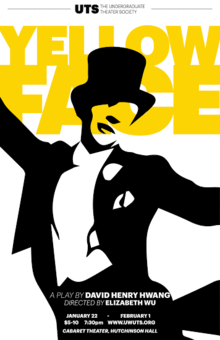 theater poster for Yellow Face shows man in evening dress with top hat