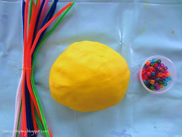 fun with playdough, kids activity, playdough, pipecleaners, beads and playdough, fun childrens activity