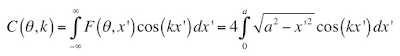 A mathematical expression for the Fourier transform of the projection of the top-hat function, which is part of an analytical example of filtered back projection.