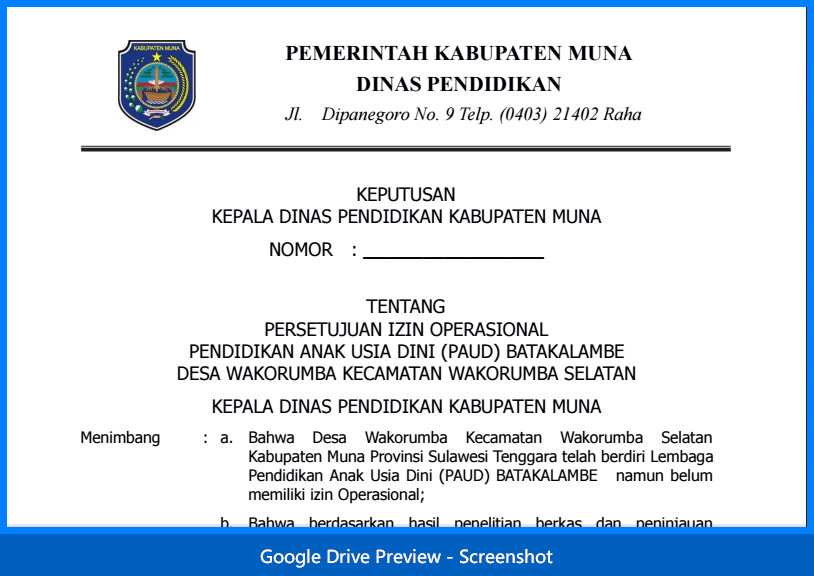 Contoh Surat Permohonan Izin Operasional Sekolah PAUD 