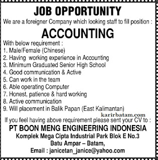 Lowongan Kerja PT. Boon Meng Engineering Indonesia Lowongan Kerja PT. Boon Meng Engineering Indonesia
