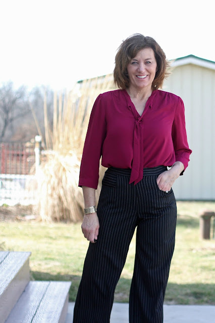 Mood Fabrics' Pinstripe wool twill for wide leg cropped pants from McCall's 7445