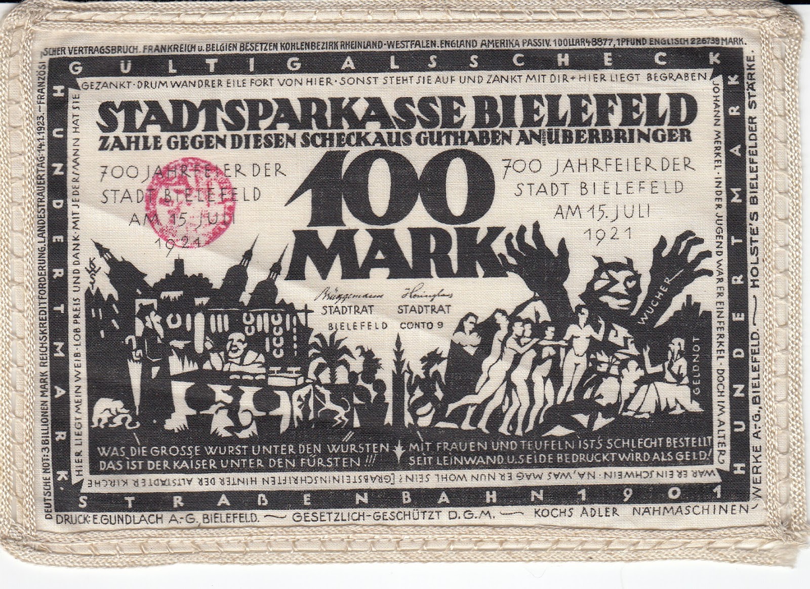 Linen Note Grasser-16b With Stamp Germany 25 Mark Notgeld Bielefeld