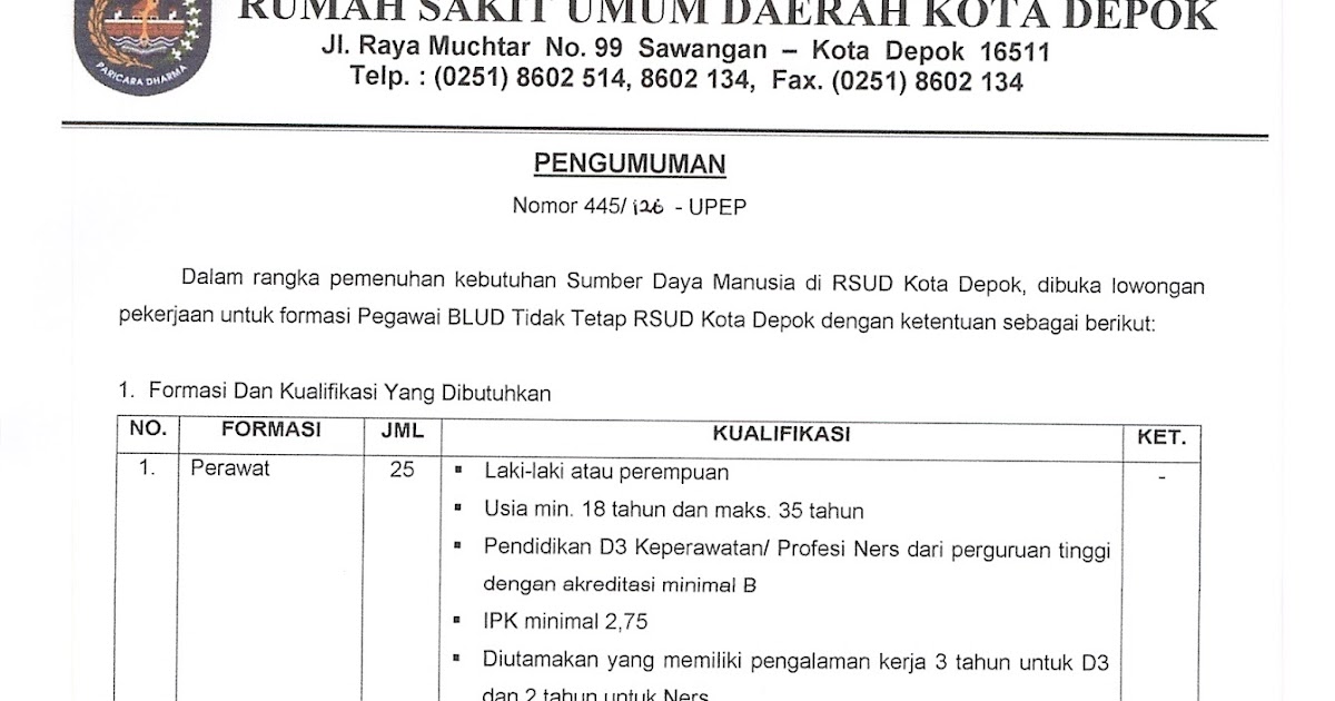 Rekrutmen Terbaru Rumah Sakit Umum Daerah Kota Depok Besar Besaran Tahun 2018 Rekrutmen Lowongan Kerja Bulan April 2021