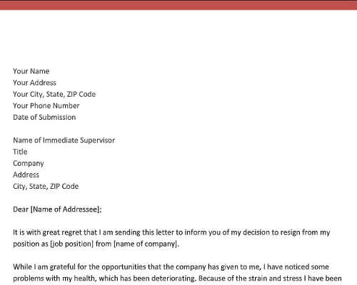 Resignation Letter Due to Health Issues Resignation Letter Due to Health Issues