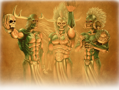 arte tradicional hecho por ªRU-MOR, cuadro en temple inacabado de tres figuras basadas en el personaje del Dios cornudo de Simon Bisley