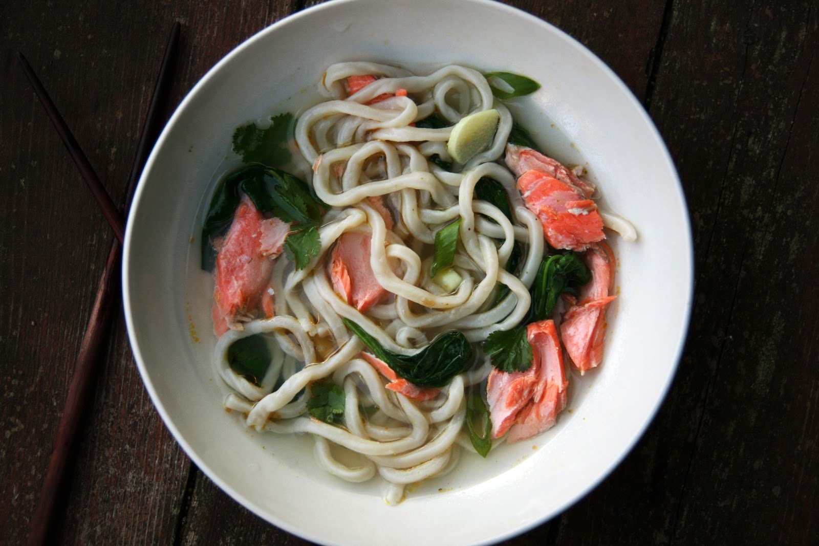 Noodle Soup with Salmon and Udon Recipe mostly foodstuffs
