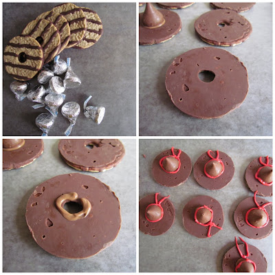 how to make witch hat cookies - chocolate pinwheel cookie upside down with hersheys kiss and red frosting bow 