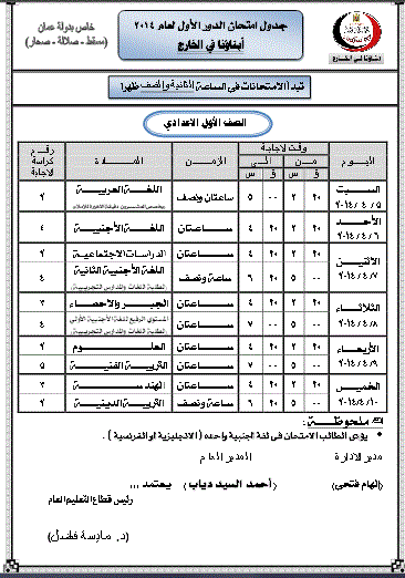 جداول امتحانات الصف الأول الابتدائى إلى الصف الثانى الثانوى الترم الثانى 2014 لدولة عمان 1pr