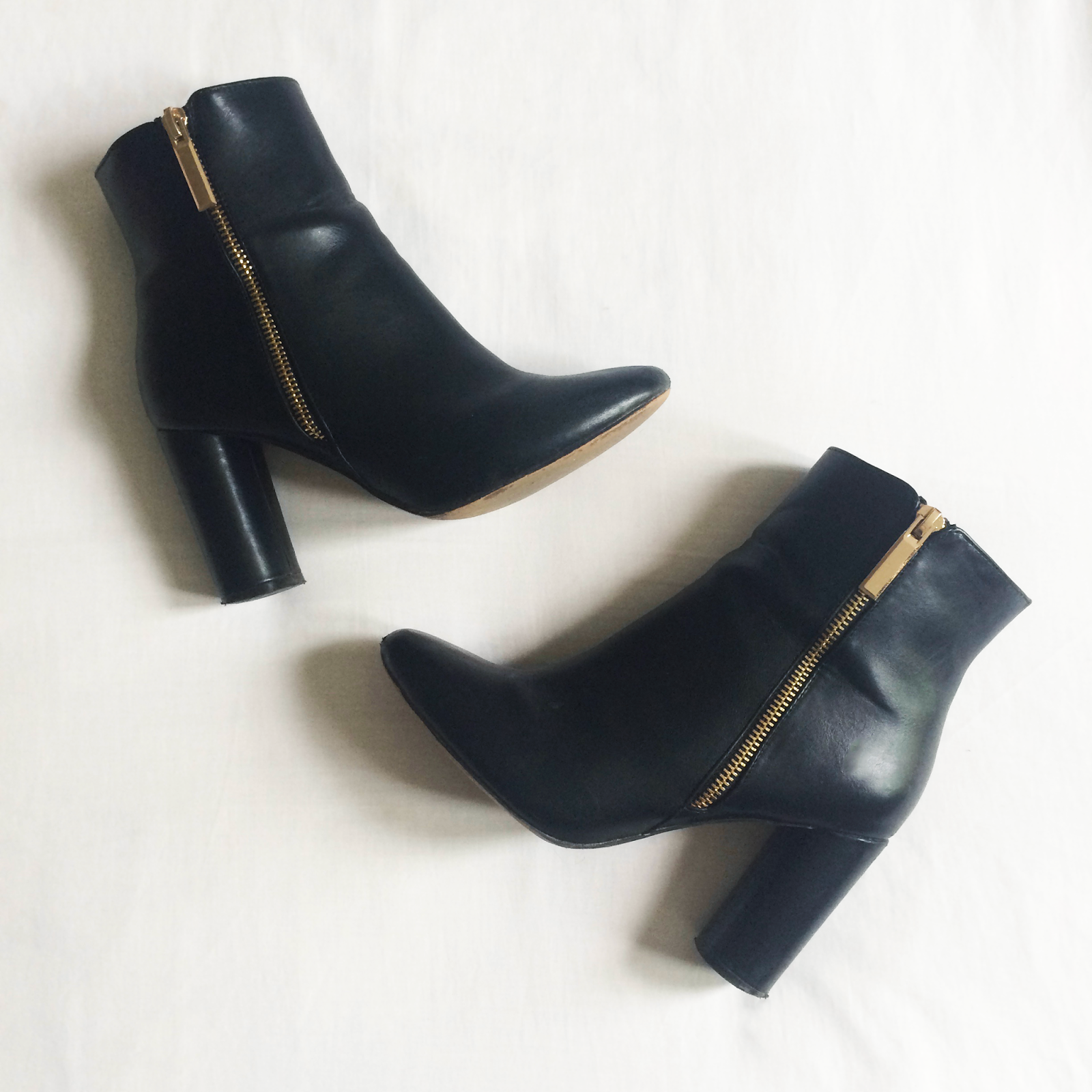 asos truffle black almond toe heeled faux leather boots gold zip fashion blogger