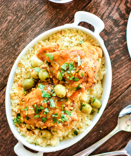 Moroccan Chicken Thighs with Olives in a Serving Dish