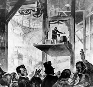 Otis jatuh bebas demonstrasi keselamatan pada 1854. Gambar Otis jatuh bebas demonstrasi keselamatan pada 1854.