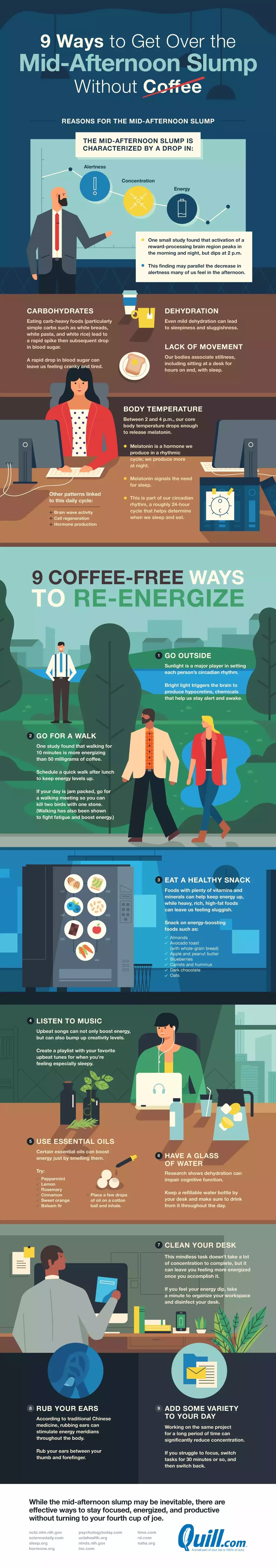 9 Ways To Get Over The Mid-Afternoon Slump Without Coffee #Infographic #Coffee #Productivity #Workplace 9 Ways To Get Over The Mid-Afternoon Slump Without Coffee