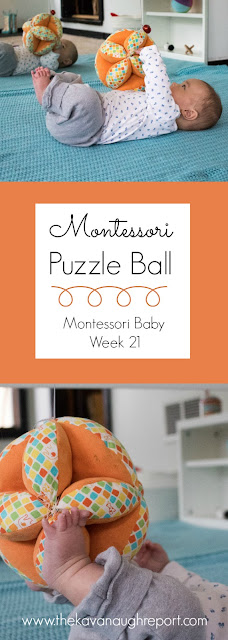 A Montessori puzzle ball is a great toy for babies to explore with their feet and to encourage movement. Montessori babies love the wonderful texture and it makes the perfect tactile mobile. 