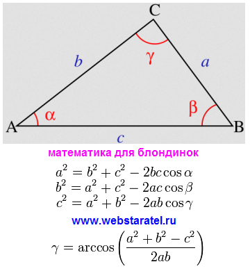 Куб и угол между прямыми. Теорема косинусов. Как найти угол в треугольнике по трем сторонам. Математика для блондинок.