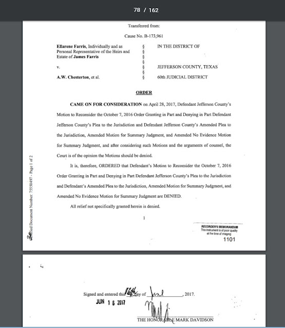 Order denying Jefferson County's motions for dismissal of widow's case signed by Judge Mark Davidson