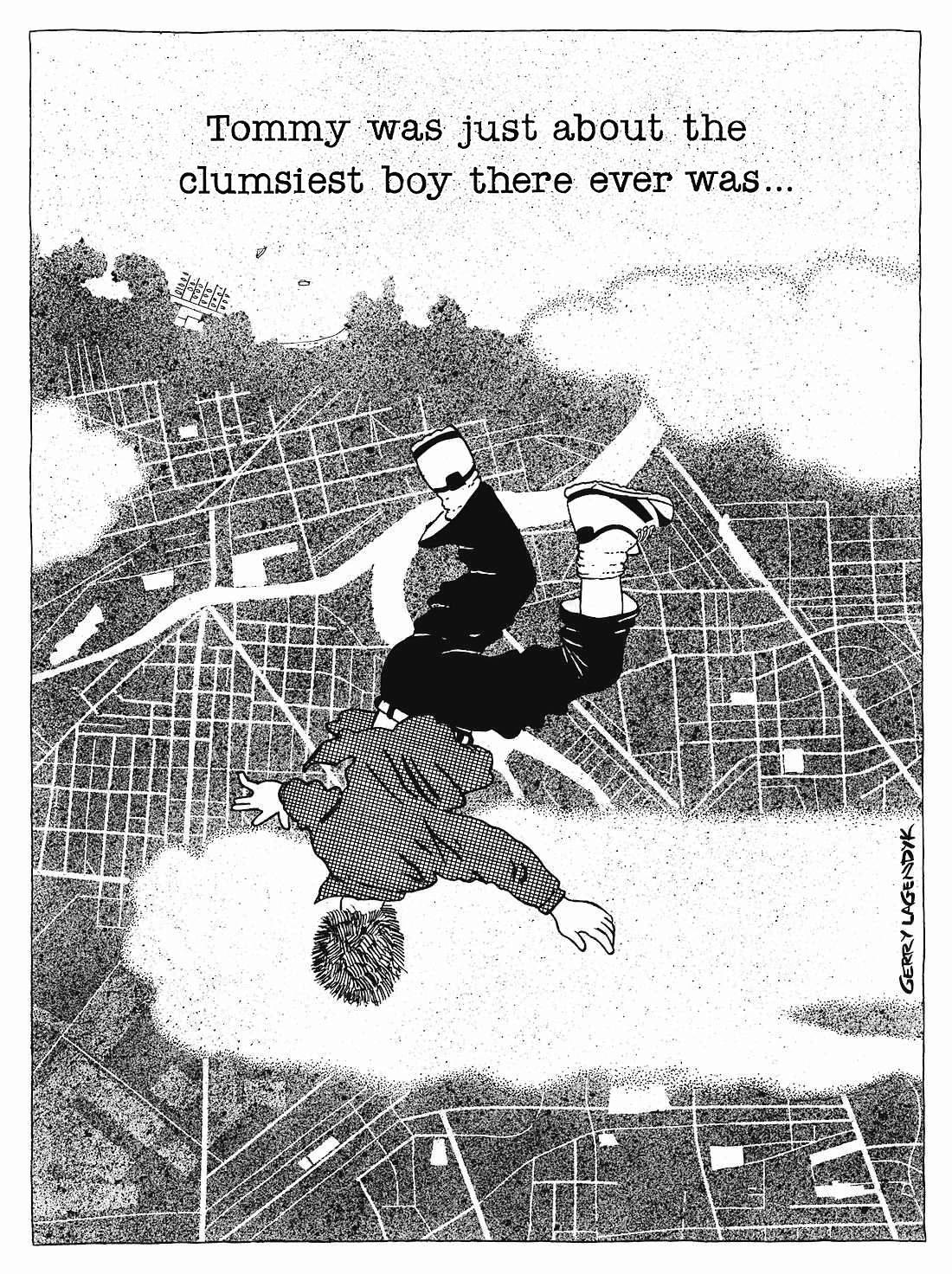 The Clumsiest Boy Ever Clumsy Boy cartoon, Gerry Lagendyk, falling from sky