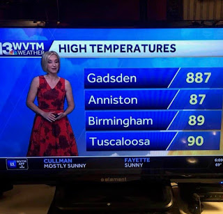 TV weather forecast, listing Gadsden at high of 887 degrees Fahrenheit.