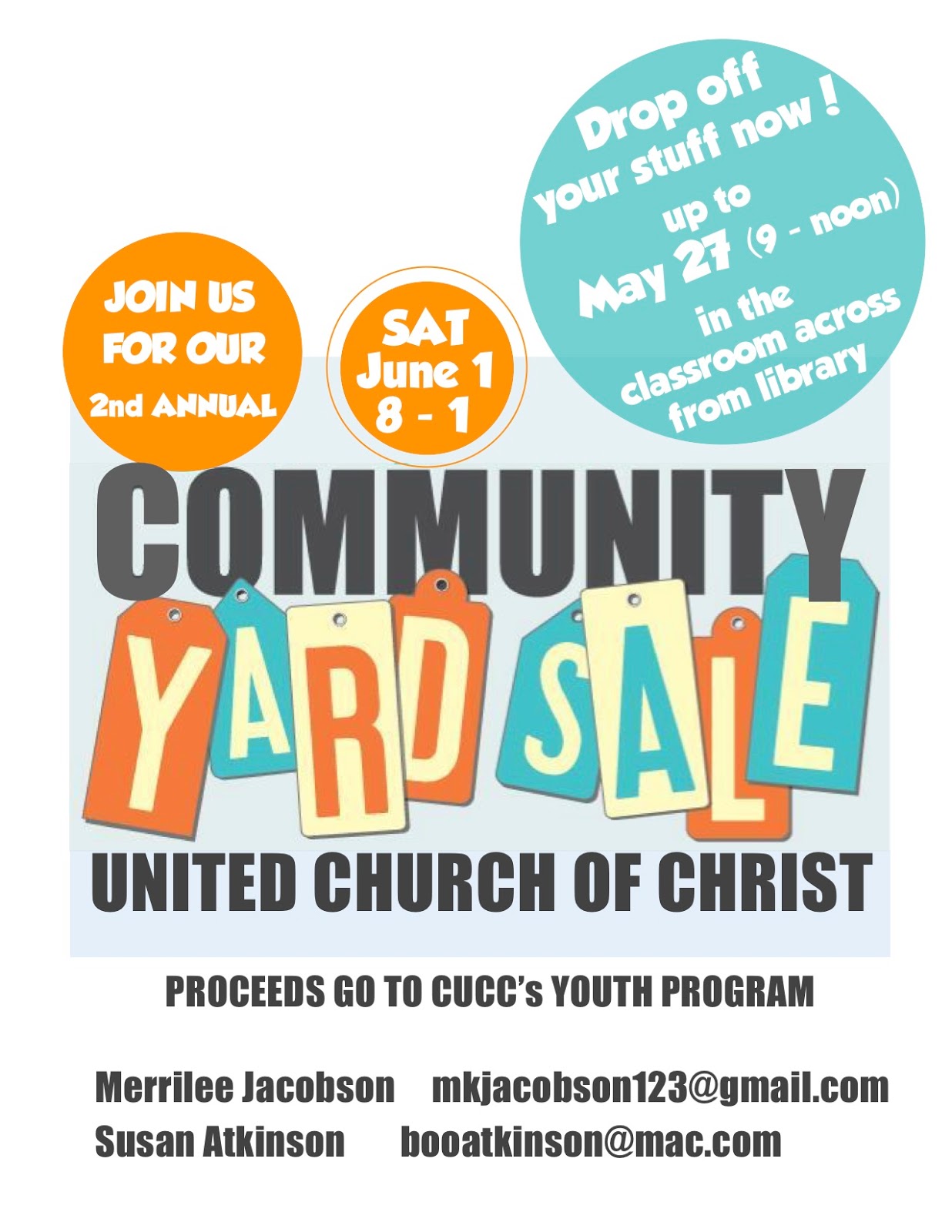 CUCC Yard Sale Saturday, June 1, 800am 100pm