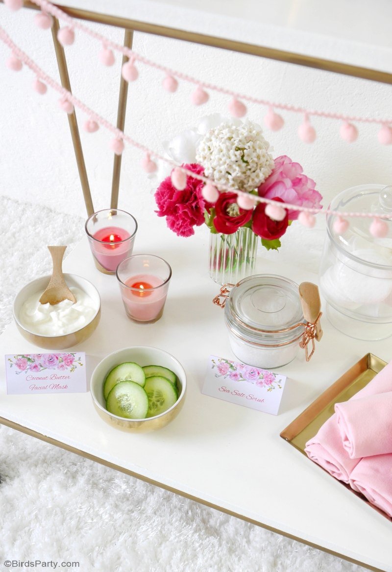 A Relaxing Home Spa Party for Mother's Day  - DIY easy to style party ideas for a spa bar cart and treatments to have a fun, pampering day with mom! by BirdsParty;com @birdsparty #spaparty #athomespa #spapartyideas #spa #mothersday #mothersdayparty #bridalshower