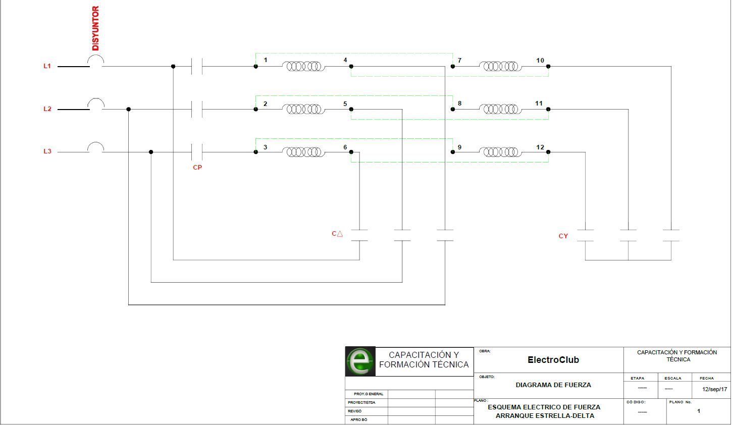 Diagrama de Fuerza Arranque Estrella-Delta Motor de 12 Puntas ~ ElectroClub