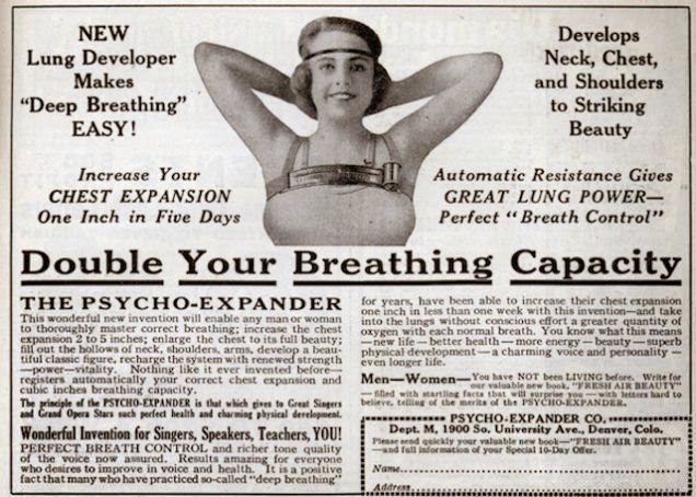 Uma propaganda de 1924 promete que o equipamento vai “aumentar seus seios até sua total beleza”.