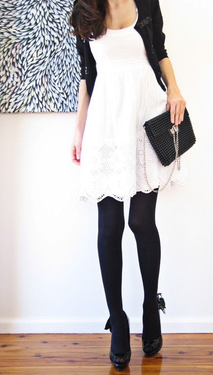 A Blonde Ambition: White Dress/ Black Tights