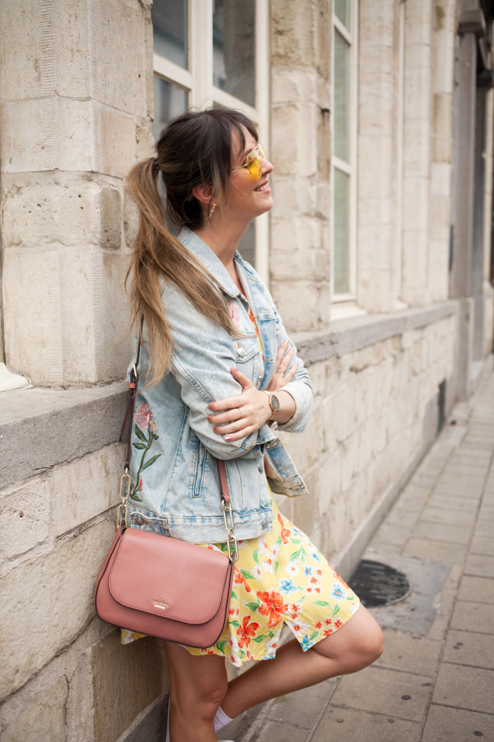 Outfit: yellow pilot glasses, flower embroidered denim, vintage floral dress