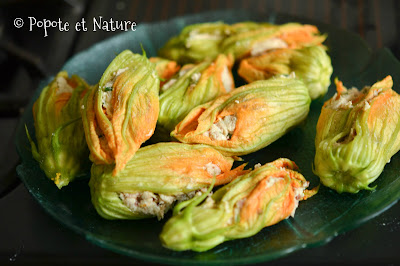 Fleurs de courgette farcies à la ricotta, au thon et aux tomates séchées © Popote et Nature Fleurs de courgette farcies à la ricotta, au thon et aux tomates séchées © Popote et Nature