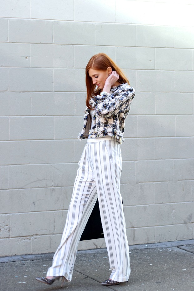 wide leg striped pants, chanel inspired coat, Spring style wide leg striped pants, chanel inspired coat, Spring style