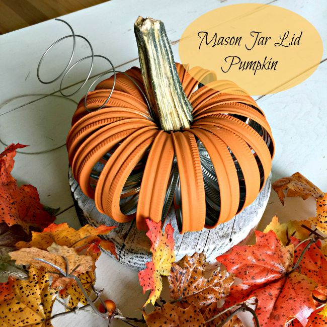 Mason jar lid pumpkin with fall leaves