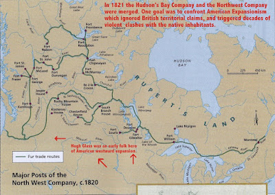 Map of British Fur Trading outposts in 1821 - THE REVENANT