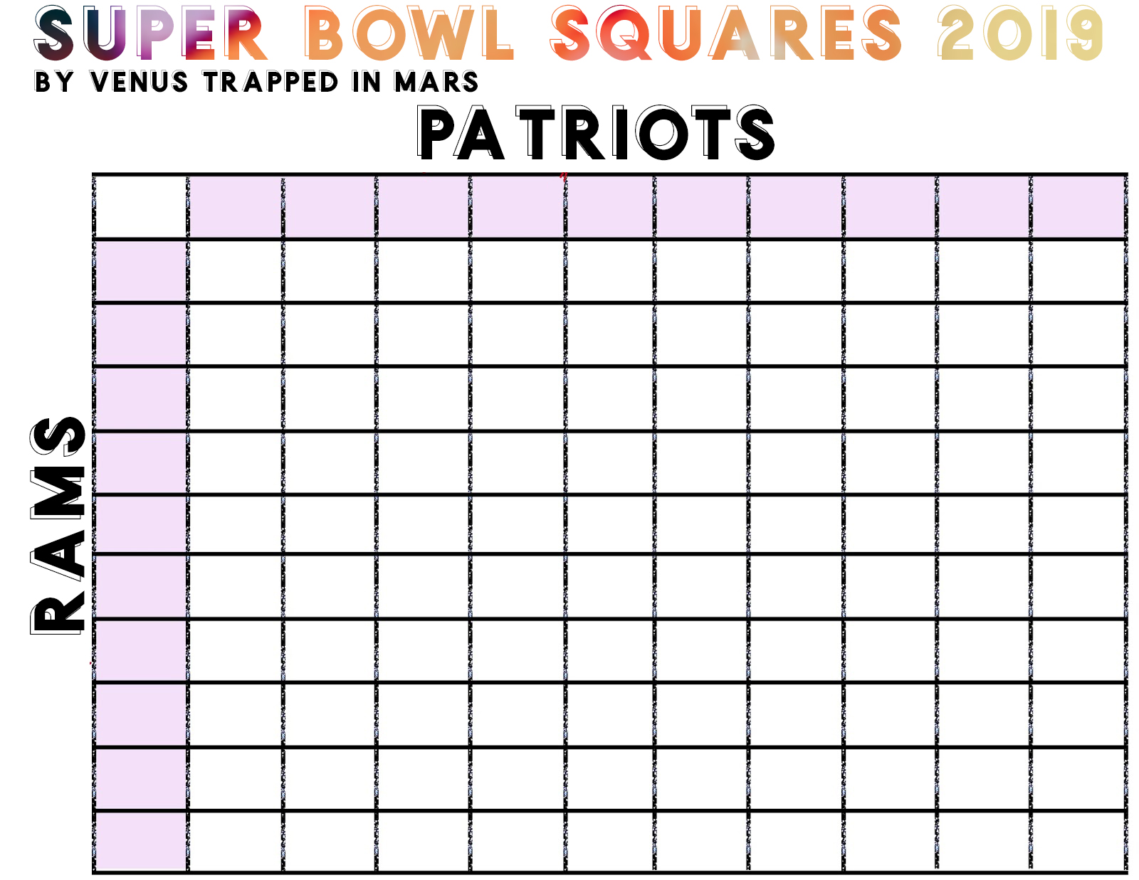 Super Bowl Squares 2019 LA Rams vs New England Patriots Venus