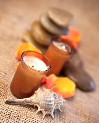 fall centerpiece with candles and beach finds
