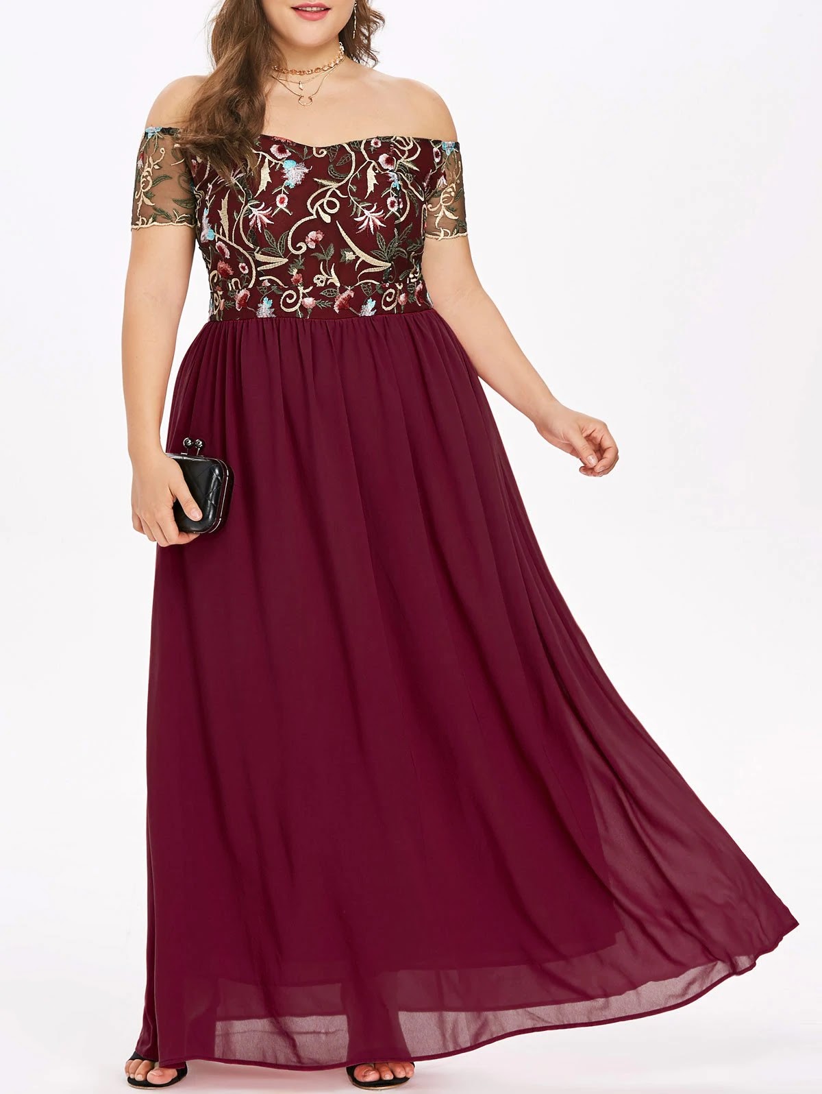 Elastic Waist Plus Size Embroidery Maxi Dress