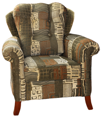 A modern wingback chair with contemporary design, a funky patterned upholstery, and curved wood legs.