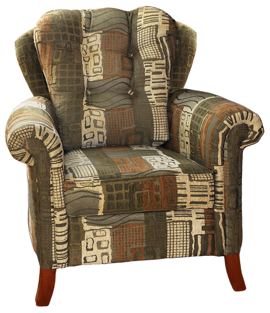 Contemporary Wingback Chair A modern wingback chair with contemporary design, a funky patterned upholstery, and curved wood legs.