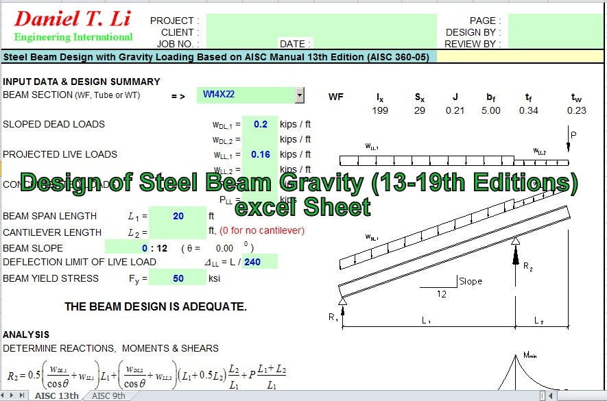 Engineeringxls Design of Steel Beam Gravity (AISC/ASD 1319th Editions) Excel Calculator