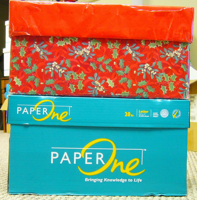 Wrapping office paper box into an Operation Christmas Child shoebox.