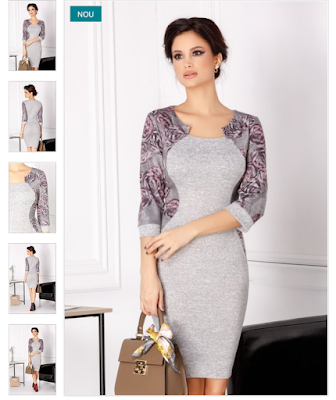 Rochie office de zi marime mare de iarna conica gri cu trandafiri mov Rochie office de zi marime mare de iarna conica gri cu trandafiri mov