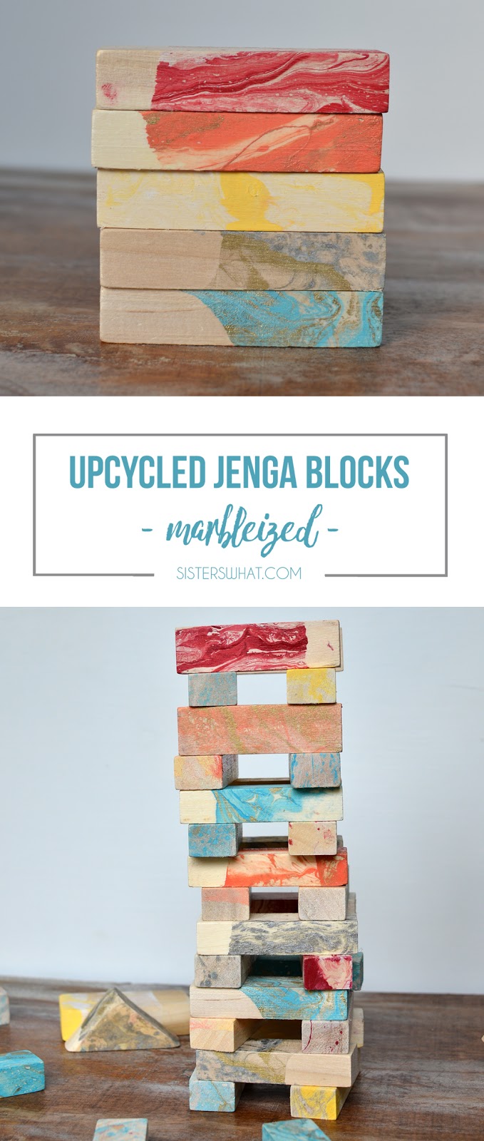 Upcycled Jenga Blocks Marbleized and Colorful! Sisters, What!
