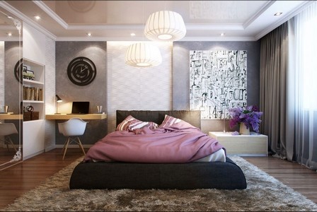 Wunderschöne-kleine-schlafzimmer-modern-Design-mit-schwarz-Polsterbett-inklusive-rosa-bettwäsche-auf-dem-shaggy-teppich