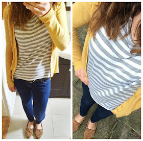 gray stripes with mustard cardigan