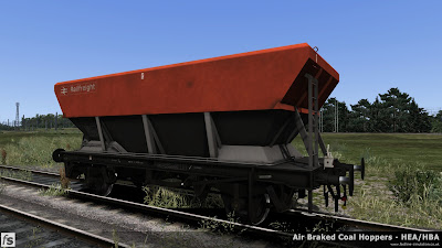 Fastline Simulation - HBA/HEA Coal Hoppers: HBA hopper with offset ladder in Railfreight flame red and grey livery carrying an oil tail lamp.