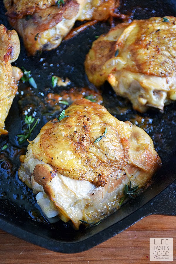 Pan Roasted Chicken Thighs | by Life Tastes Good make a simple dinner for any night of the week, but perfect for company too! They are budget-friendly, taste great, and easy to make! It doesn't get much better than this for an easy dinner! 