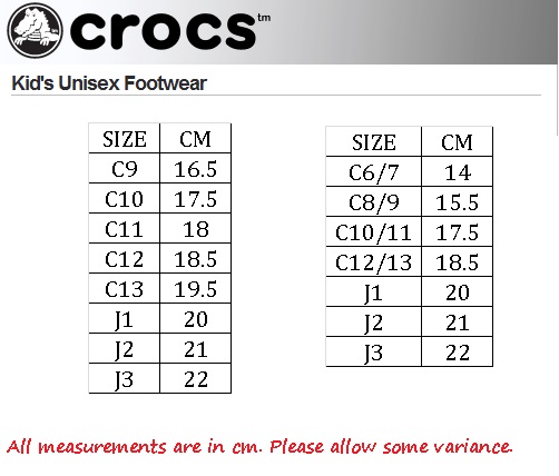 crocs j3 size in cm